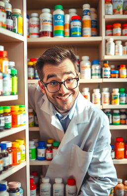 A pharmacist hiding playfully behind a shelf filled with colorful medicine bottles, with a bright and cheerful pharmacy setting