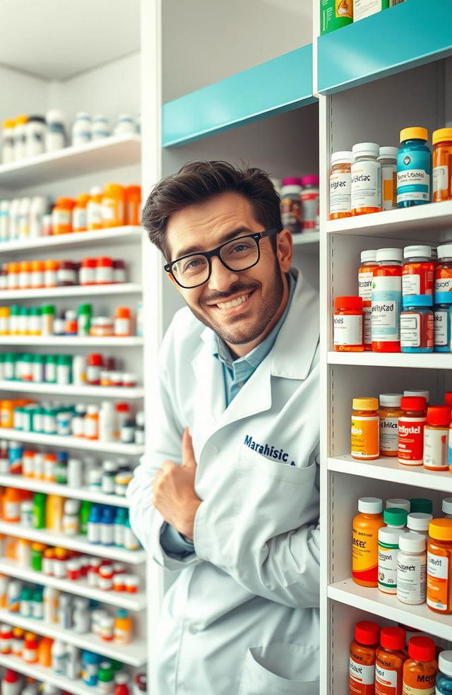 A pharmacist hiding playfully behind a shelf filled with colorful medicine bottles, with a bright and cheerful pharmacy setting