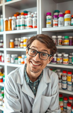 A pharmacist hiding playfully behind a shelf filled with colorful medicine bottles, with a bright and cheerful pharmacy setting