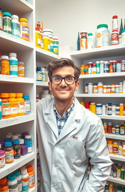 A pharmacist hiding playfully behind a shelf filled with colorful medicine bottles, with a bright and cheerful pharmacy setting