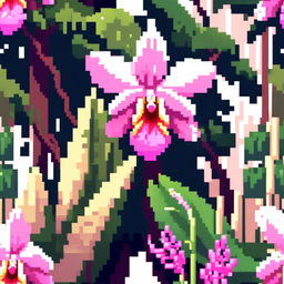 Pixel art PFP featuring a stunning orchid against a tropical rainforest background.