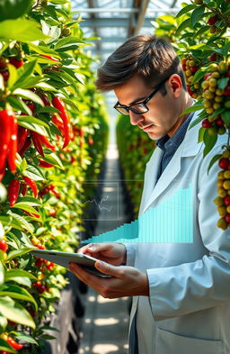 A stunning visual of a research scientist analyzing growth patterns of chili and coffee plants using advanced computer algorithms