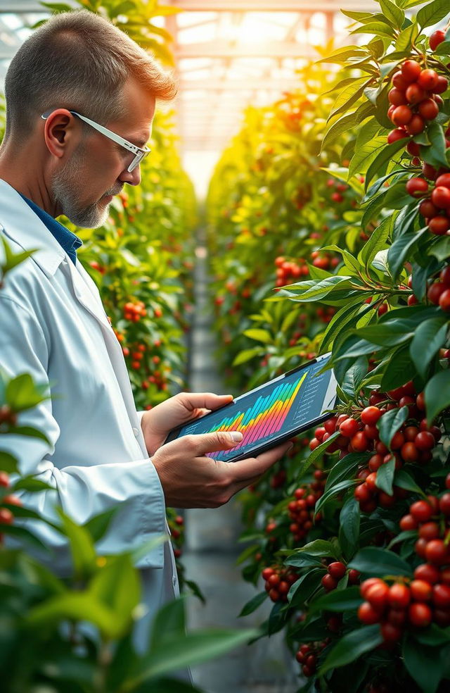 A stunning visual of a research scientist analyzing growth patterns of chili and coffee plants using advanced computer algorithms