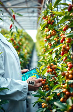 A stunning visual of a research scientist analyzing growth patterns of chili and coffee plants using advanced computer algorithms