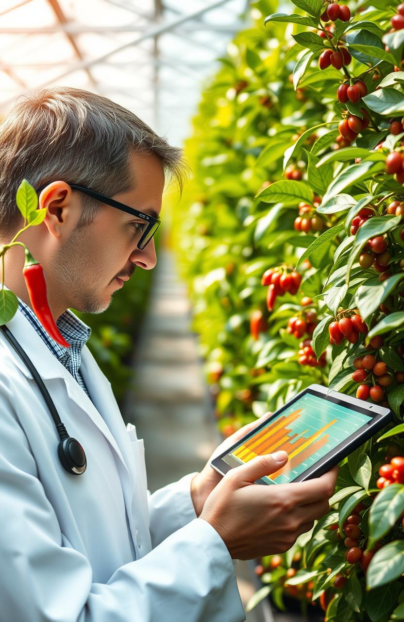 A stunning visual of a research scientist analyzing growth patterns of chili and coffee plants using advanced computer algorithms