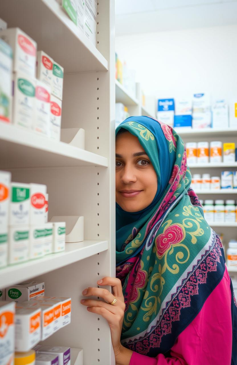 A pharmacist wearing a colorful hijab, peeking out from behind a medicine shelf in a well-organized pharmacy