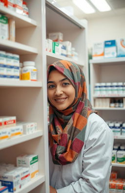 A pharmacist wearing a colorful hijab, peeking out from behind a medicine shelf in a well-organized pharmacy