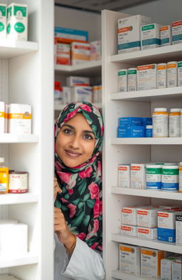 A pharmacist wearing a colorful hijab, peeking out from behind a medicine shelf in a well-organized pharmacy