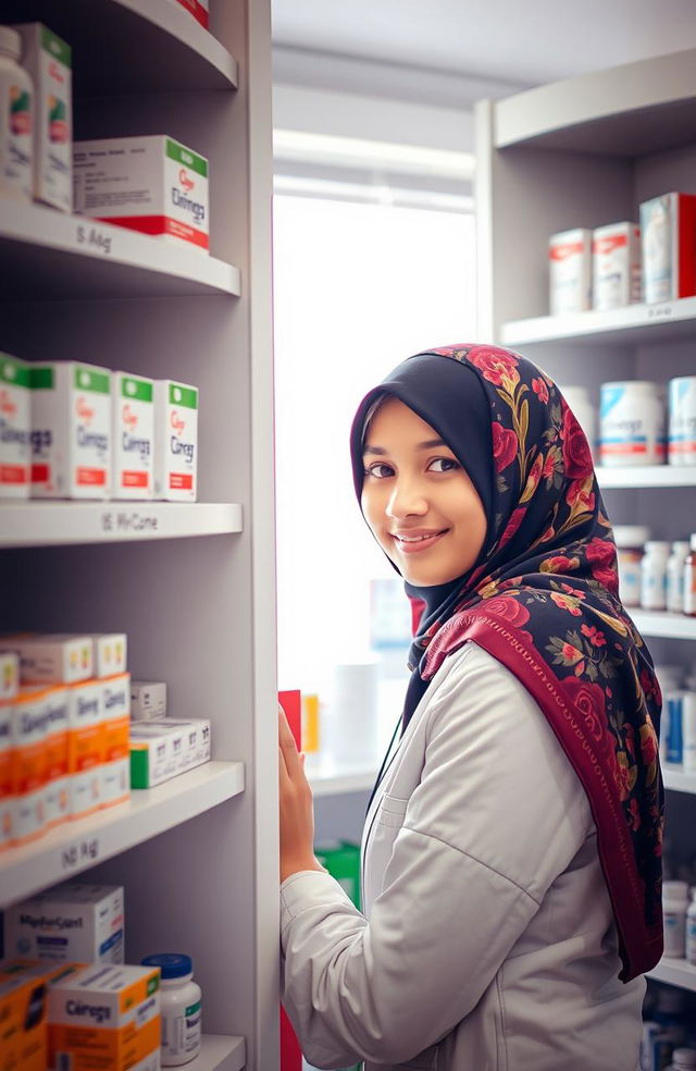 A pharmacist wearing a colorful hijab, peeking out from behind a medicine shelf in a well-organized pharmacy