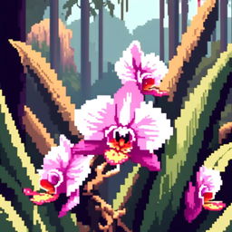 Pixel art PFP featuring a stunning orchid against a tropical rainforest background.