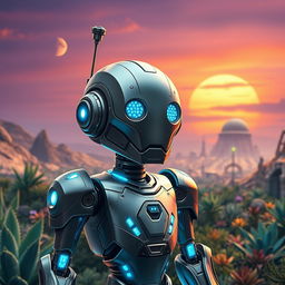 A futuristic, sleek and imaginative droid inspired by the Star Wars universe, featuring metallic surfaces, glowing blue accents, and intricate circuitry