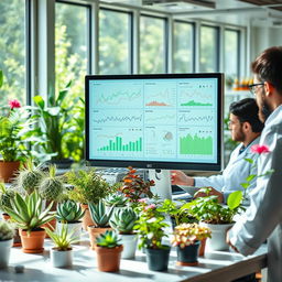 A captivating scene depicting a research laboratory where scientists are utilizing computer algorithms to study various plants