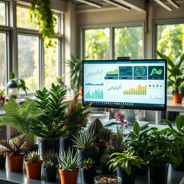 A captivating scene depicting a research laboratory where scientists are utilizing computer algorithms to study various plants