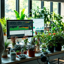 A captivating scene depicting a research laboratory where scientists are utilizing computer algorithms to study various plants