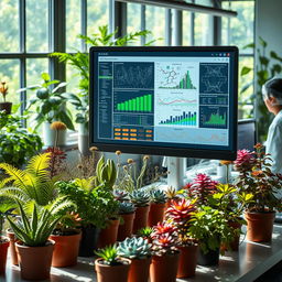 A captivating scene depicting a research laboratory where scientists are utilizing computer algorithms to study various plants