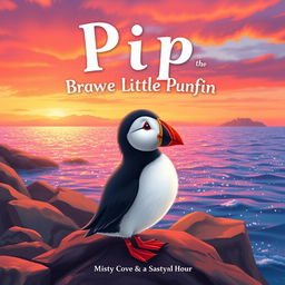 A colorful, fluffy puffin named Pip standing on a rocky shore, looking out at a sparkling ocean