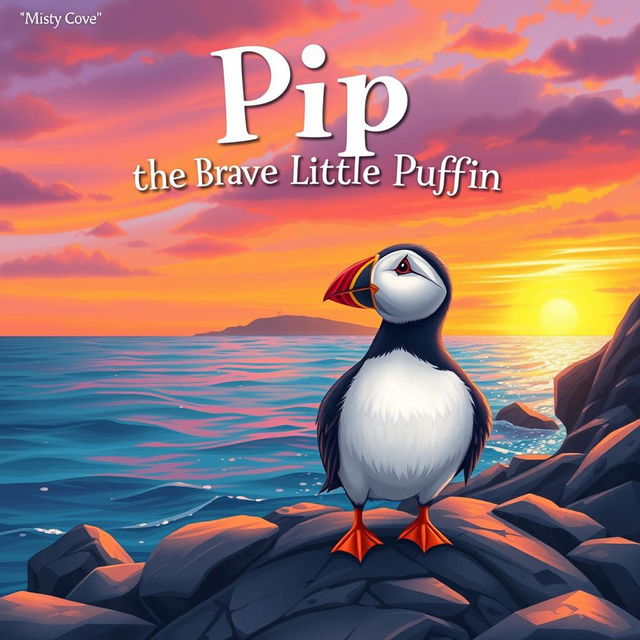 A colorful, fluffy puffin named Pip standing on a rocky shore, looking out at a sparkling ocean