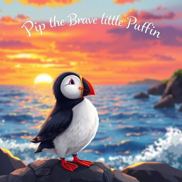 A colorful, fluffy puffin named Pip standing on a rocky shore, looking out at a sparkling ocean