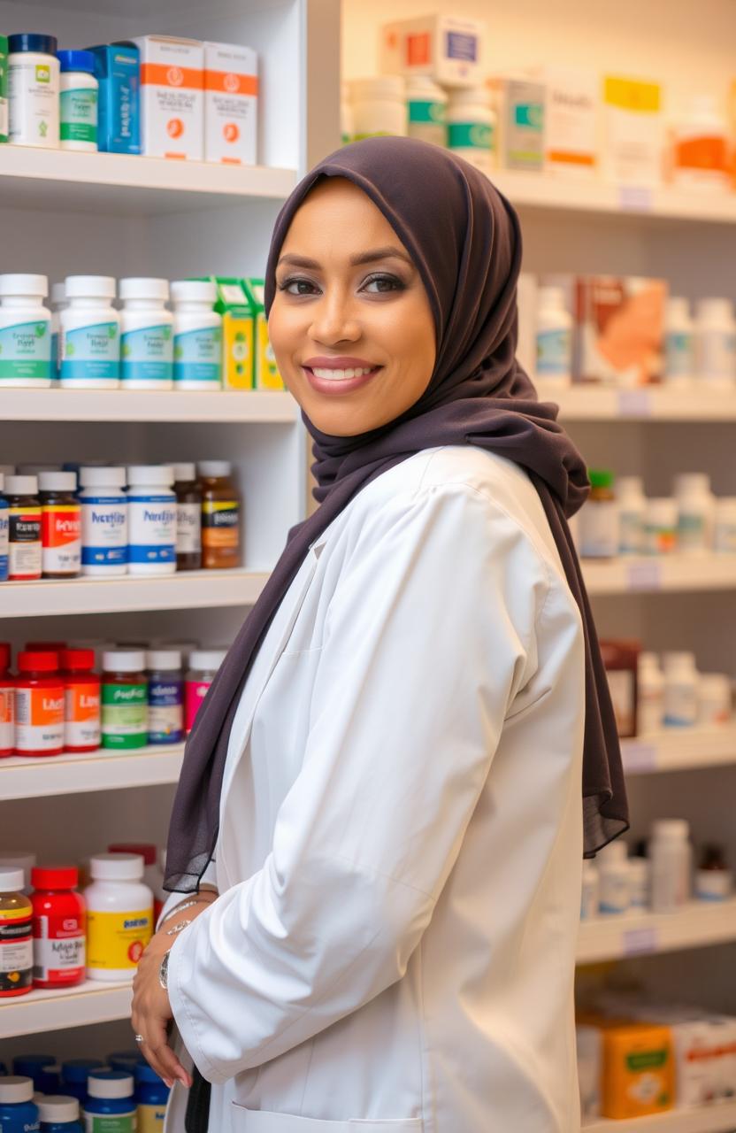 A woman wearing a stylish hijab and a pharmacist's coat, standing half-body behind a medicine shelf filled with various colorful medicine bottles and packages