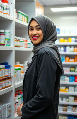 A woman wearing a stylish hijab and a pharmacist's coat, standing half-body behind a medicine shelf filled with various colorful medicine bottles and packages
