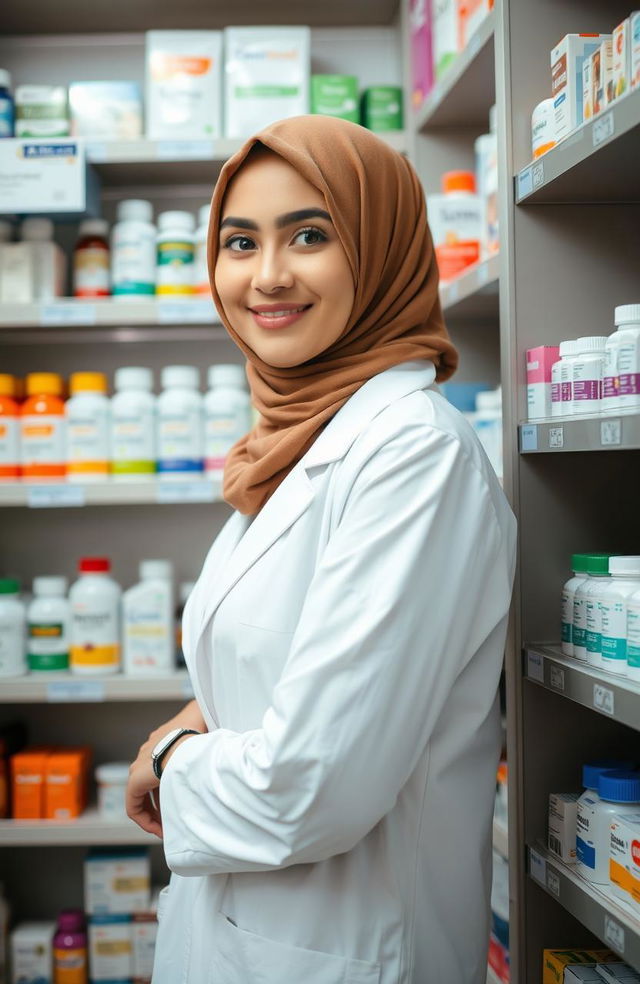 A woman wearing a stylish hijab and a pharmacist's coat, standing half-body behind a medicine shelf filled with various colorful medicine bottles and packages