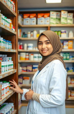 A woman wearing a stylish hijab and a pharmacist's coat, standing half-body behind a medicine shelf filled with various colorful medicine bottles and packages