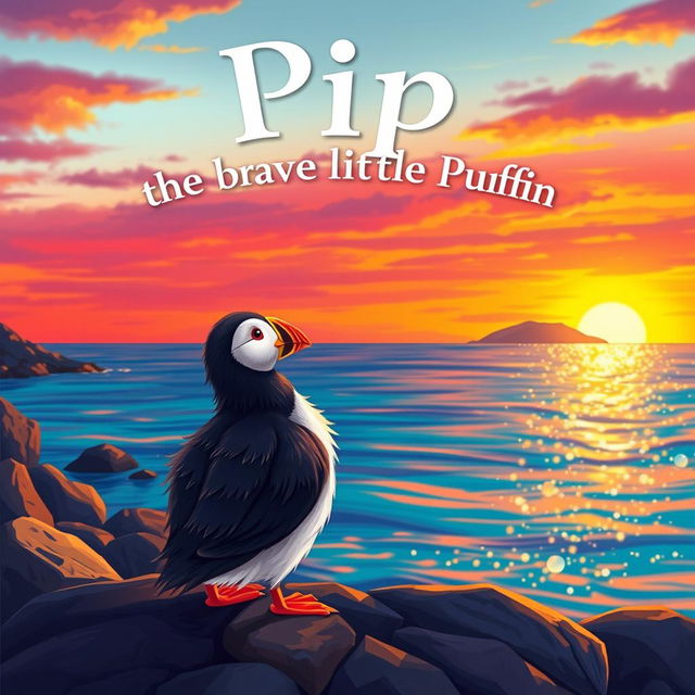 A colorful, fluffy puffin named Pip standing on a rocky shore, gazing out at a sparkling ocean during a vibrant sunset