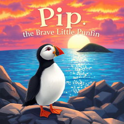 A colorful, fluffy puffin named Pip standing on a rocky shore, gazing out at a sparkling ocean during a vibrant sunset