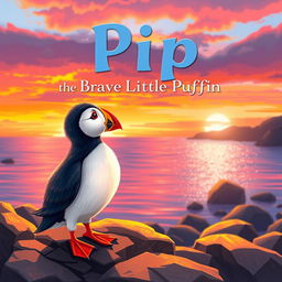 A colorful, fluffy puffin named Pip standing on a rocky shore, gazing out at a sparkling ocean during a vibrant sunset