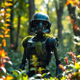 A detailed depiction of the K-2SO droid from the Star Wars universe, standing in a lush, overgrown environment with a touch of green moss lightly covering its shoulders and joints
