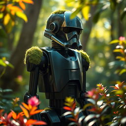 A detailed depiction of the K-2SO droid from the Star Wars universe, standing in a lush, overgrown environment with a touch of green moss lightly covering its shoulders and joints