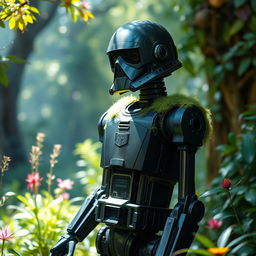 A detailed depiction of the K-2SO droid from the Star Wars universe, standing in a lush, overgrown environment with a touch of green moss lightly covering its shoulders and joints