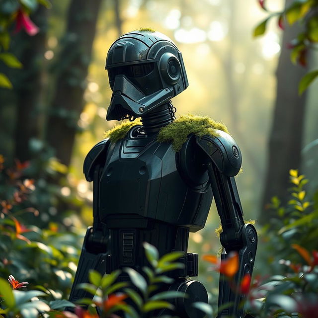 A detailed depiction of the K-2SO droid from the Star Wars universe, standing in a lush, overgrown environment with a touch of green moss lightly covering its shoulders and joints