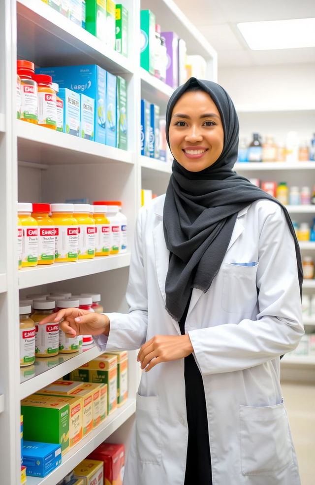 A woman wearing a stylish hijab and a pharmacist's white coat stands gracefully beside a shelf filled with colorful medicine bottles and packages