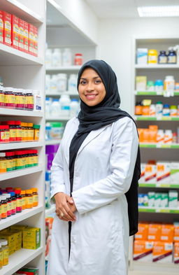 A woman wearing a stylish hijab and a pharmacist's white coat stands gracefully beside a shelf filled with colorful medicine bottles and packages