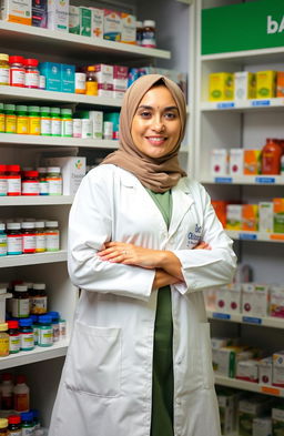 A woman wearing a stylish hijab and a pharmacist's white coat stands gracefully beside a shelf filled with colorful medicine bottles and packages