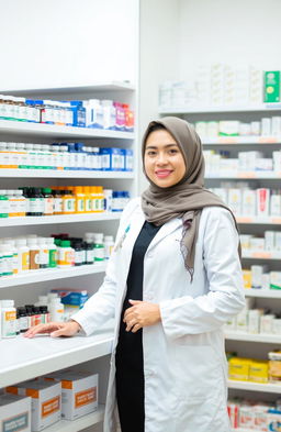 A woman wearing a stylish hijab and a pharmacist's white coat stands gracefully beside a shelf filled with colorful medicine bottles and packages