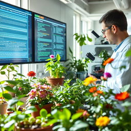 An engaging scene showcasing a bioinformatics laboratory focused on plant research