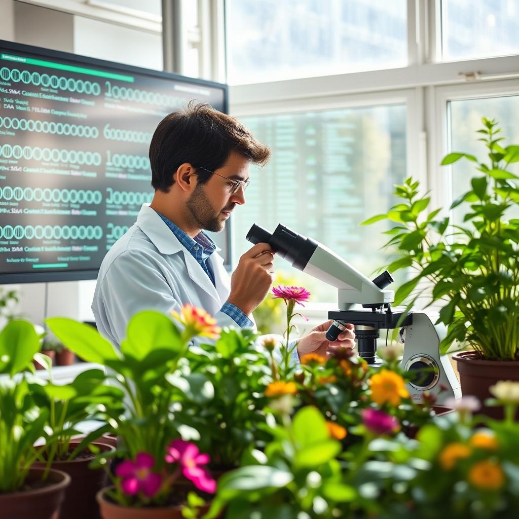 An engaging scene showcasing a bioinformatics laboratory focused on plant research