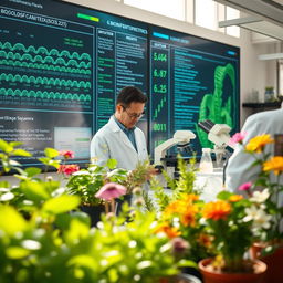 An engaging scene showcasing a bioinformatics laboratory focused on plant research
