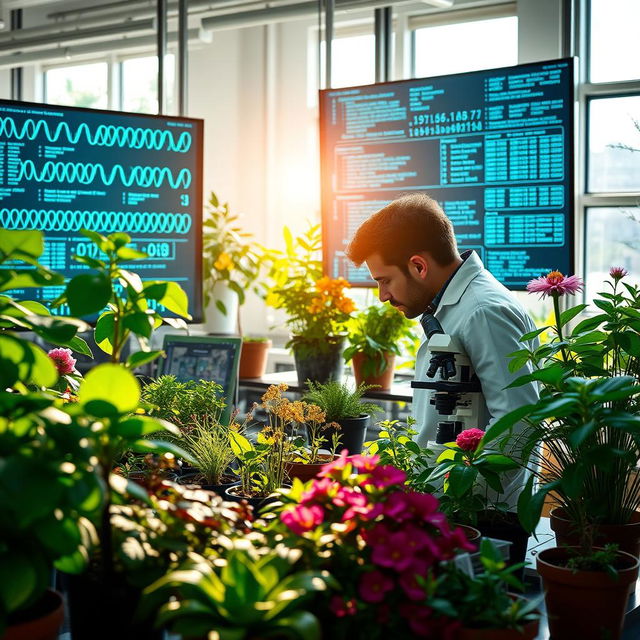 An engaging scene showcasing a bioinformatics laboratory focused on plant research