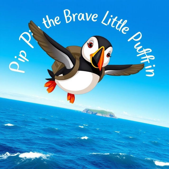 Pip, the brave little puffin, soaring through a bright blue sky with a small backpack strapped to his back