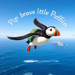 Pip, the brave little puffin, soaring through a bright blue sky with a small backpack strapped to his back