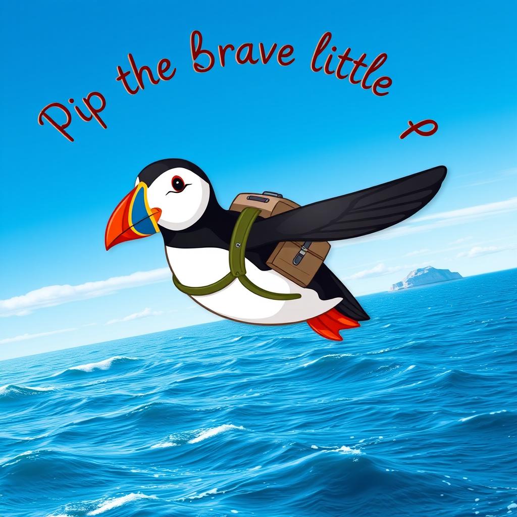 Pip, the brave little puffin, soaring through a bright blue sky with a small backpack strapped to his back