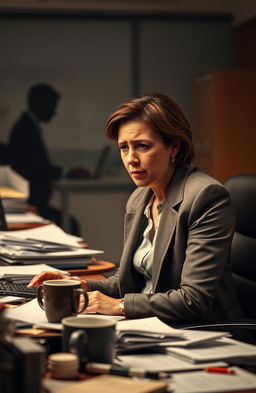 A dramatic office scene with a woman in her late 30s, dressed in a professional blazer, looking frustrated and exasperated as she sits at her cluttered desk filled with paperwork and coffee cups