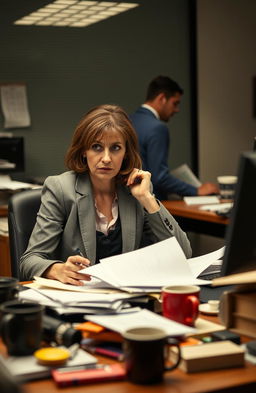 A dramatic office scene with a woman in her late 30s, dressed in a professional blazer, looking frustrated and exasperated as she sits at her cluttered desk filled with paperwork and coffee cups