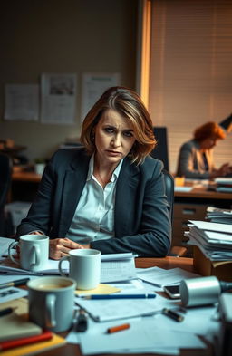 A dramatic office scene with a woman in her late 30s, dressed in a professional blazer, looking frustrated and exasperated as she sits at her cluttered desk filled with paperwork and coffee cups