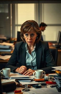 A dramatic office scene with a woman in her late 30s, dressed in a professional blazer, looking frustrated and exasperated as she sits at her cluttered desk filled with paperwork and coffee cups