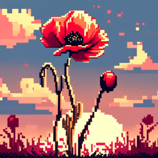 Pixel art PFP featuring a vibrant poppy against a golden sunset background.