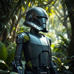 A striking portrayal of the K-2SO security droid from the Star Wars universe, featuring a sleek, black metallic design with subtle scratches and weathering, indicating its battle-worn history